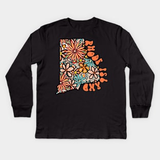 Rhode Island State Design | Artist Designed Illustration Featuring Rhode Island State Filled With Retro Flowers with Retro Hand-Lettering Kids Long Sleeve T-Shirt